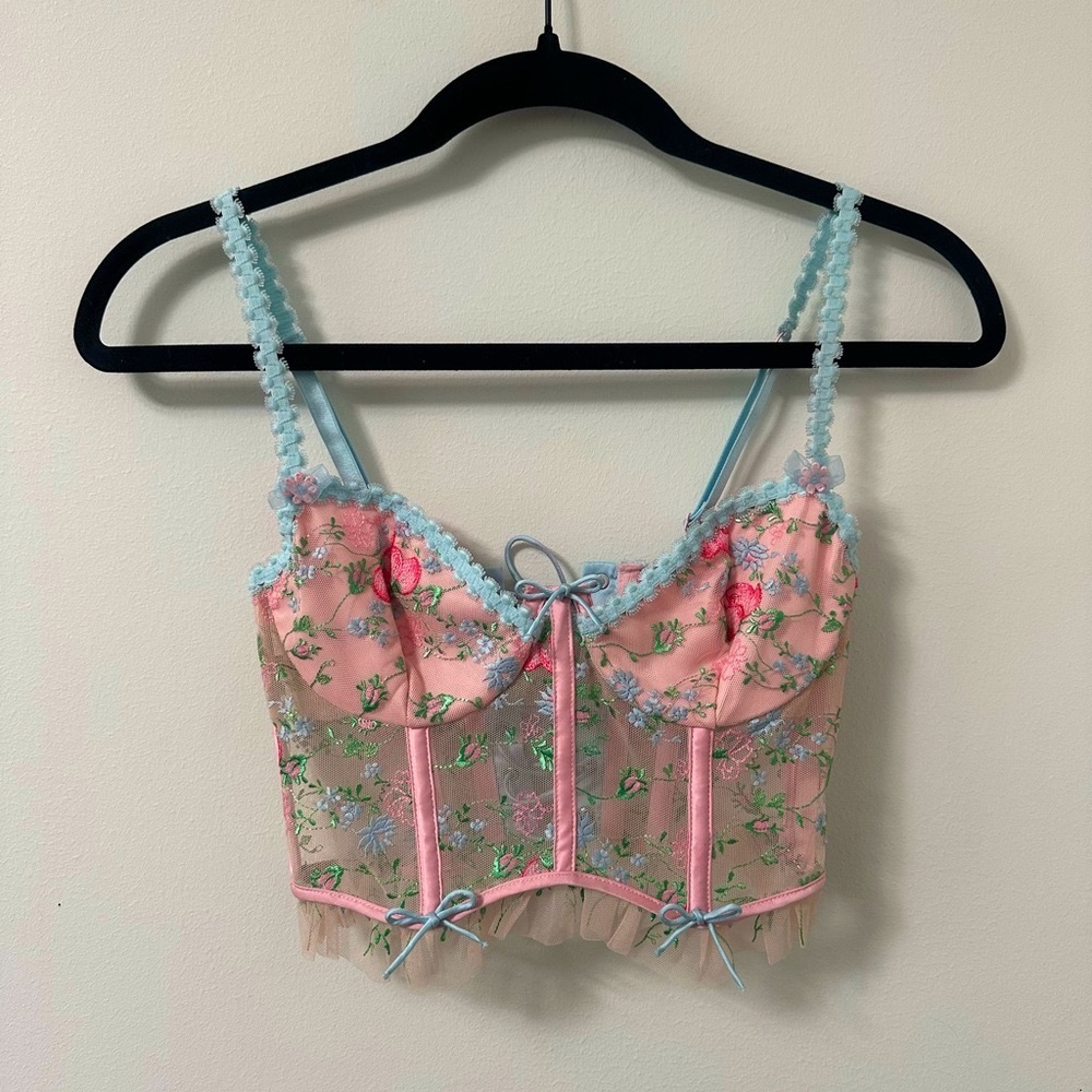 For Love And Lemons Pink and Blue Floral Lace-Up Top